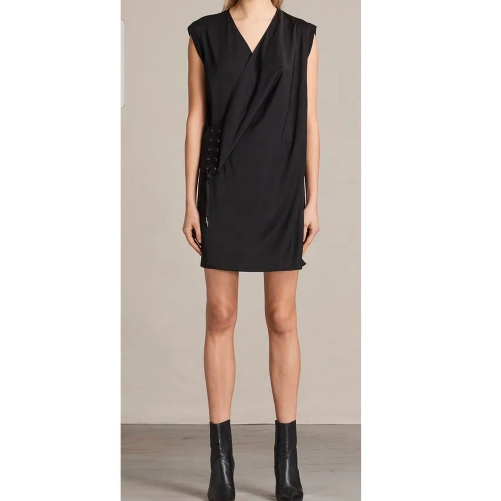AllSaints Dress Aures Black Satin Faux Wrap Lace Up Edgy Mini Size 6
